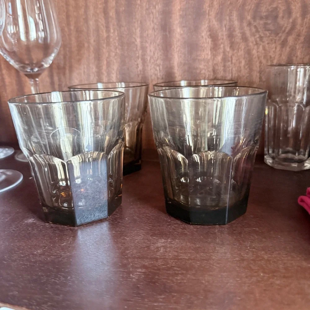 Vintage Smoke Brown Glass Hexagon Panel Tumblers Set of 4 Barware Rocks Glasses